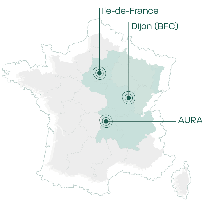 Carte des implantations du Groupe Guiton : Île-de-France, Dijon (Bourgogne-Franche-Comté) et Auvergne-Rhône-Alpes